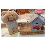 Basket teddy bear and birdhouse