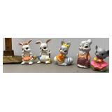 Handpainted ceramic bunnies and a mouse