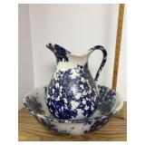 Flow blue pitcher and bowl
