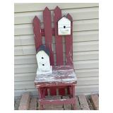 Birdhouse and wooden chair decor
