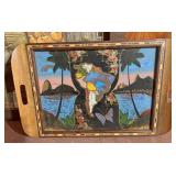 South American Tray reverse painted glass cracked