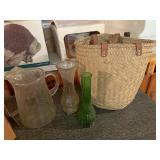 Glass pitcher vases and Woven bag