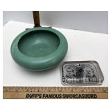 Teal pottery bowl and paperweight that has chips