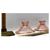 Pink etched glass candleholders