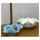 Teal and Fenton white glass pieces