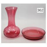 Blown Cranberry Squat Vase & Under Plate