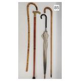 Lot of 4 Canes & Parasol