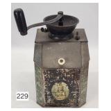 Antique Tin LItho Coffee Bin Grinder- circa 1900