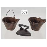 Childs Cast Iron Coal Hods & Sad Iron