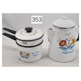 Swedish Enamel Coffee Pot & Double Boiler
