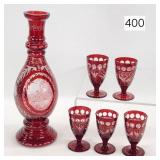 Bohemian Cranberry Etched Liqueur Set