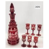 Bohemian Cranberry Etched Liqueur Set