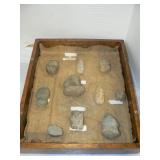 DISPLAY BOX WITH PRIMITIVE TOOL HEADS/ARTIFACTS