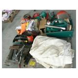 PALLET WITH PAINTING DROP CLOTHS, HAND TOOLS, PALLET WITH PAINTING DROP CLOTHS, HAND TOOLS,