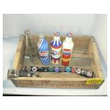 ROYAL CROWN WOODEN CRATE, VINTAGE SODA BOTTLES,