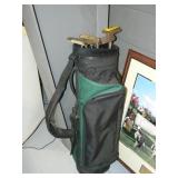 VINTAGE GOLF CLUBS WITH BRASS PUTTERS AND BAG