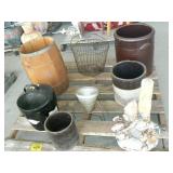 PALLET WITH CROCKS, NAIL KEG, EGG BASKET, MILK