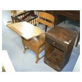 CHILD'S SCHOOL DESK, WOOD NIGHTSTAND (NEEDS CHILD'S SCHOOL DESK, WOOD NIGHTSTAND (NEEDS