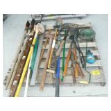 PALLET WITH LONG HANDLE TOOLS, PITCHFORK, POST