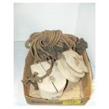 FLAT WITH OLD WOODEN PULLEYS AND ROPE FLAT WITH OLD WOODEN PULLEYS AND ROPE
