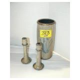 STONEWARE CROCK AND MATCHING CANDLESTICKS STONEWARE CROCK AND MATCHING CANDLESTICKS