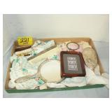 DRESSER SET, FRAMED 3-CENT STAMPS, HANKIES DRESSER SET, FRAMED 3-CENT STAMPS, HANKIES