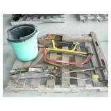 PALLET WITH HAND TOOLS, LARGE INDUSTRIAL BUCKETS,