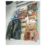 PALLET WITH HAND TOOLS, WIRE WHEELS, AIR PUMP,