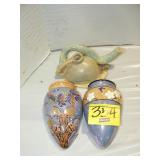 2 LUSTERWARE WALL POCKETS, STUDIO POTTERY TEAPOT 2 LUSTERWARE WALL POCKETS, STUDIO POTTERY TEAPOT