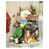 LARGE PLASTIC TOTE WITH ACTION FIGURES, TOYS,