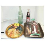 COKE ADVERTISING ITEMS: TRAYS, THERMOMETER,