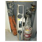 2 OLD GOLF BAGS WITH ASSORTED CLUBS, BEER KEG, 2 OLD GOLF BAGS WITH ASSORTED CLUBS, BEER KEG,