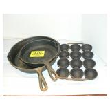 2 CAST IRON SKILLETS AND CAST IRON EGG PAN (ALL