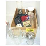 BOX WITH GLASS PITCHER, SUGAR DISPENSER,