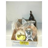 FLAT WITH CARVED WOOD QUAIL, CHALK LINE REEL, FLAT WITH CARVED WOOD QUAIL, CHALK LINE REEL,
