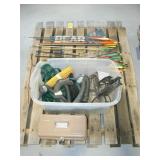 PALLET WITH DECOY HEADS, ARROWS, METAL TACKLE BOX