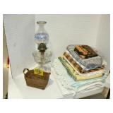 LONGABERGER BASKET, LARGE OIL LAMP WITH DECORATED LONGABERGER BASKET, LARGE OIL LAMP WITH DECORATED