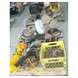 PALLET WITH ROPE, PULLEYS, VINTAGE FAN, CORN