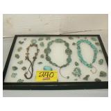 DISPLAY BOX WITH TURQUOISE STONES AND JEWELRY DISPLAY BOX WITH TURQUOISE STONES AND JEWELRY