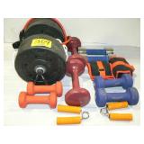 GROUP OF HAND WEIGHTS, BARBELLS, EXERCISE GROUP OF HAND WEIGHTS, BARBELLS, EXERCISE