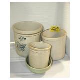3 STONEWARE CROCKS, STONEWARE MIXING BOWL 3 STONEWARE CROCKS, STONEWARE MIXING BOWL