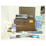CLOCK RADIO, OLD SPEAKERS, STAINLESS MEASURING CLOCK RADIO, OLD SPEAKERS, STAINLESS MEASURING