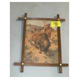BUFFALO HUNTER PRINT IN OLD CRISS-CROSS FRAME BUFFALO HUNTER PRINT IN OLD CRISS-CROSS FRAME