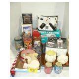 TINS, 2 HAIR DRYERS, COFFEE SET, CARNIVAL