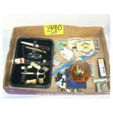 FLAT OF SMALL COLLECTIBLES: PATCHES, WATER GLOBE, FLAT OF SMALL COLLECTIBLES: PATCHES, WATER GLOBE,