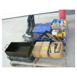 PALLET WITH FEED BAGS, BASKET, CRAFT BEADS, WIRE