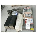 PALLET WITH PLATIC SHEETING, SPEAKERS, DOG BOWL,