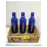 WOODEN SODA CRATE, 3 BLUE GLASS BUD LIGHT BOTTLES