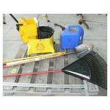 PALLET WITH MOP BUCKET, LEAF RAKE, SHOVELS, PALLET WITH MOP BUCKET, LEAF RAKE, SHOVELS,