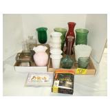 2 FLATS OF GLASSWARE, VASES, CREAM AND SUGAR, 2 FLATS OF GLASSWARE, VASES, CREAM AND SUGAR,